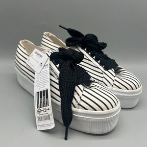 Superga 2790 Cotstripe Striped Platform Sneakers Black White Womens 8.5